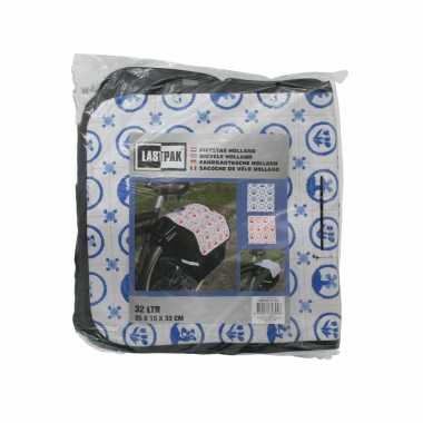 Fietstas dubbel / boodschappentas fiets zwart en wit met blauwe hollandse print 32 liter