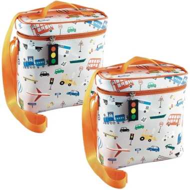 Set van 2x stuks kleine koeltassen voor lunch oranje/zilver met vervoersmiddelen 9 x 22 x 22 cm 4 l