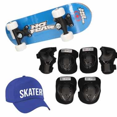 Skateboard set voor kinderen l 9-10 jaar/valbescherming/skater pet/skateboard met print 43 cm blauw
