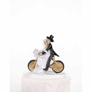 Trouwfiguurtje bruidspaar op een fiets 13 cm