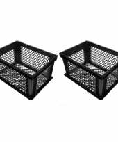 3x stuks zwarte kunststof fietskratten opbergkratten 40 x 30 x 22 cm