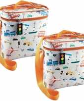 Set van 2x stuks kleine koeltassen voor lunch oranje zilver met vervoersmiddelen 9 x 22 x 22 cm 4 l