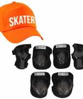 Set van valbescherming voor kinderen maat s 4 tot 5 jaar met een stoere skater pet oranje